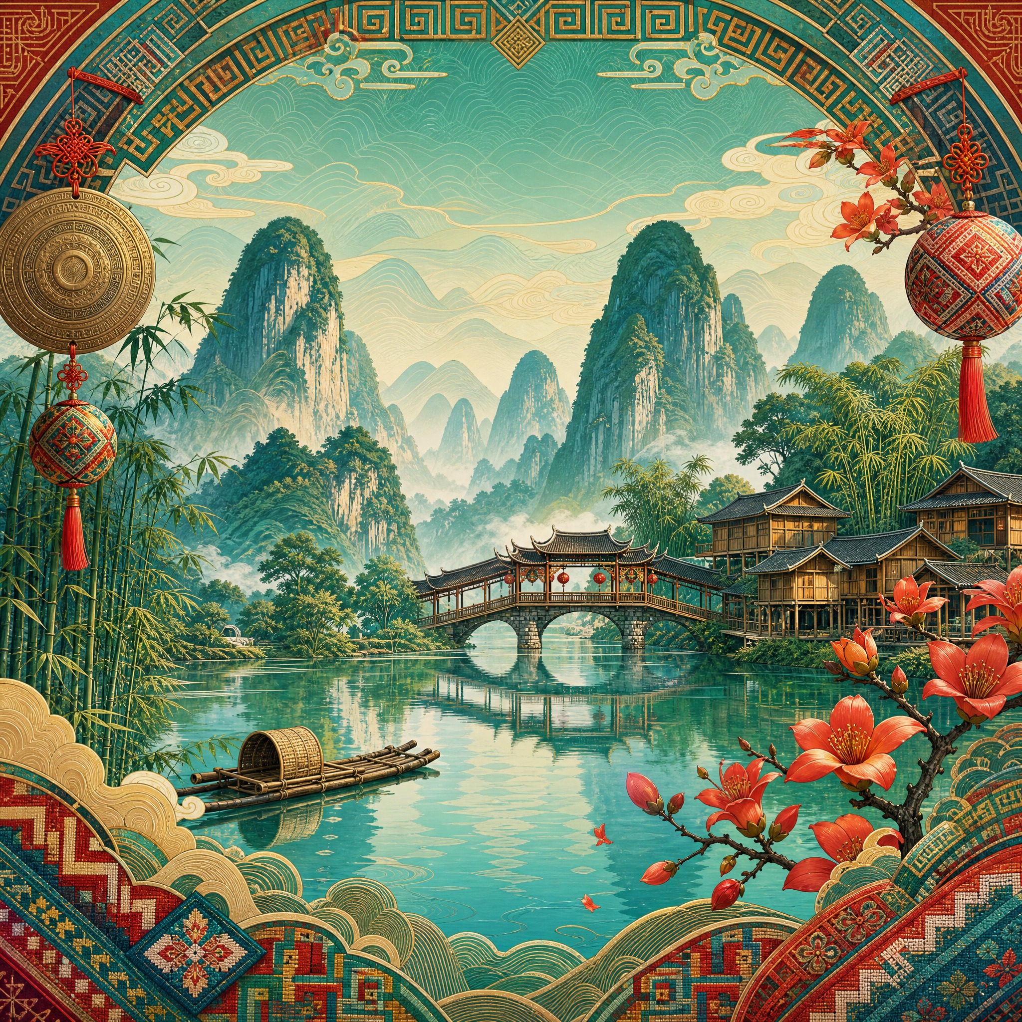国潮风景插画，壮族主题，桂林山水甲天下，喀斯特峰林倒映在漓江上… - 图片创意预览