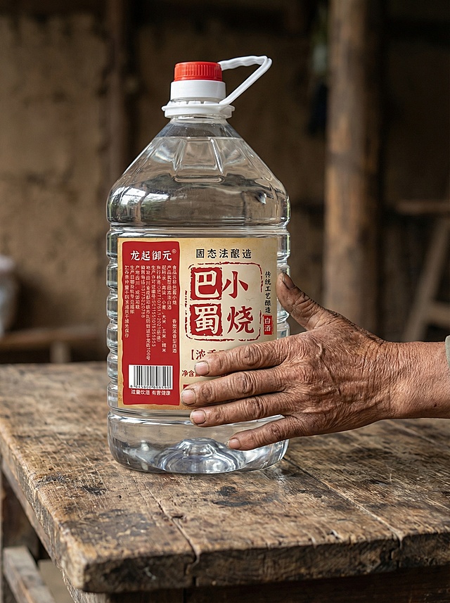 这是一桶白酒，帮我生成一张场景图，旁边一只农村老人的手抚摸着这桶酒，酒放在一张木桌上