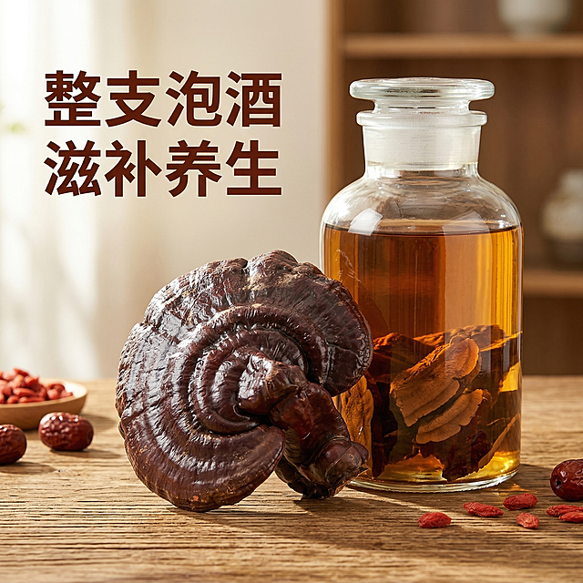 [主图 4] 紫灵芝泡酒食用场景展示
[氛围/风格] 养生场景自然氛围感，真实温馨，突出泡酒用途。
[画面元素] 保持原图紫灵芝主体，搭配透明泡酒玻璃瓶，紫灵芝放置在玻璃瓶旁，玻璃瓶中已经泡好灵芝酒，整体场景摆放在木质桌面，背景简洁干净，自然暖光突出通透质感。
[配色色系] 主色调：深棕紫灵芝，琥珀色酒液，木色桌面，暖调背景。
[视角构图] 平视场景构图，产品与场景自然融合，景深适中。
[文字版式] 左侧文字 "整支泡酒 滋补养生"，深棕色加粗，不遮挡灵芝和酒瓶主体。
[比例分辨率] 1:1 比例，2k 分辨率。保持紫灵芝产品外观与原图一致。