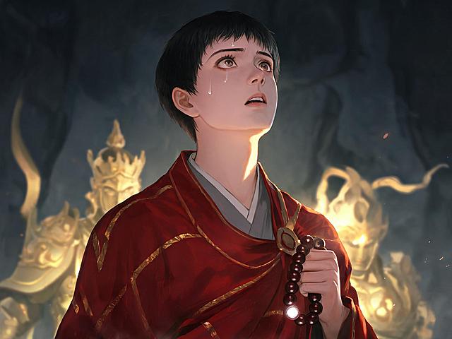 年轻僧侣，短发，眉清目秀，皮肤光洁，眼眸清澈，身披深红色金线袈裟，内着灰色僧袍，手持一串紫檀佛珠，佛珠上一颗珠子发出微弱荧光，体型挺拔。抬头仰望，瞳孔放大，嘴唇因恐惧微张颤抖，面部肌肉僵硬，表情从虔诚变为深入骨髓的恐惧与敬畏，额头上豆大汗珠滑落。背景虚化，隐约可见天护法战甲金色轮廓。侧光照射，凸显面部扭曲，战甲金光从下方映亮下巴，形成诡异光影。2.5D厚涂风格，国漫风，玄幻修仙题材，高画质，masterpiece