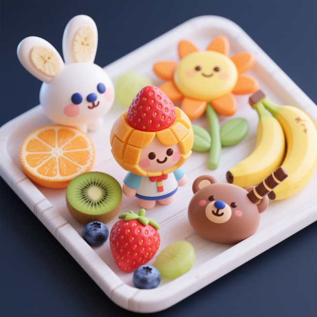 用草莓、香蕉、橙子、蓝莓、猕猴桃等水果拼出适合小学生的系列形象，包括：1. 动物：兔子头部（草莓做耳朵，香蕉片做脸部，蓝莓做眼睛）；2. 人物：笑脸娃娃（橙子切片做头部，草莓做嘴巴，巧克力豆做眼睛）；预览效果