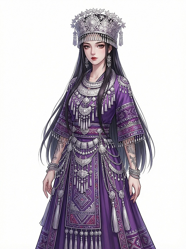 「图片1」类似画风的古装女子图，黑长直发，头戴银饰头冠，身穿紫色苗疆风格服饰，布满银饰与流苏，手臂有纹身，气质神秘妩媚，服饰融合少数民族纹样，背景为纯白色，立绘风格