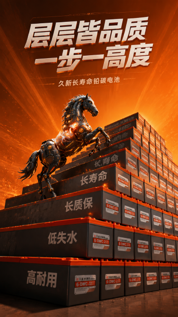 一张极具视觉冲击力的商业海报，呈现出「工业纪念碑」般的史诗感。画面核心是由电池组成的4.5级侧面视角的宽阔阶梯，每一级均由数十块参考图中特点的「久新长寿命铅碳电池」侧面并排垒成，阶梯的侧面展示电池塑壳预览效果