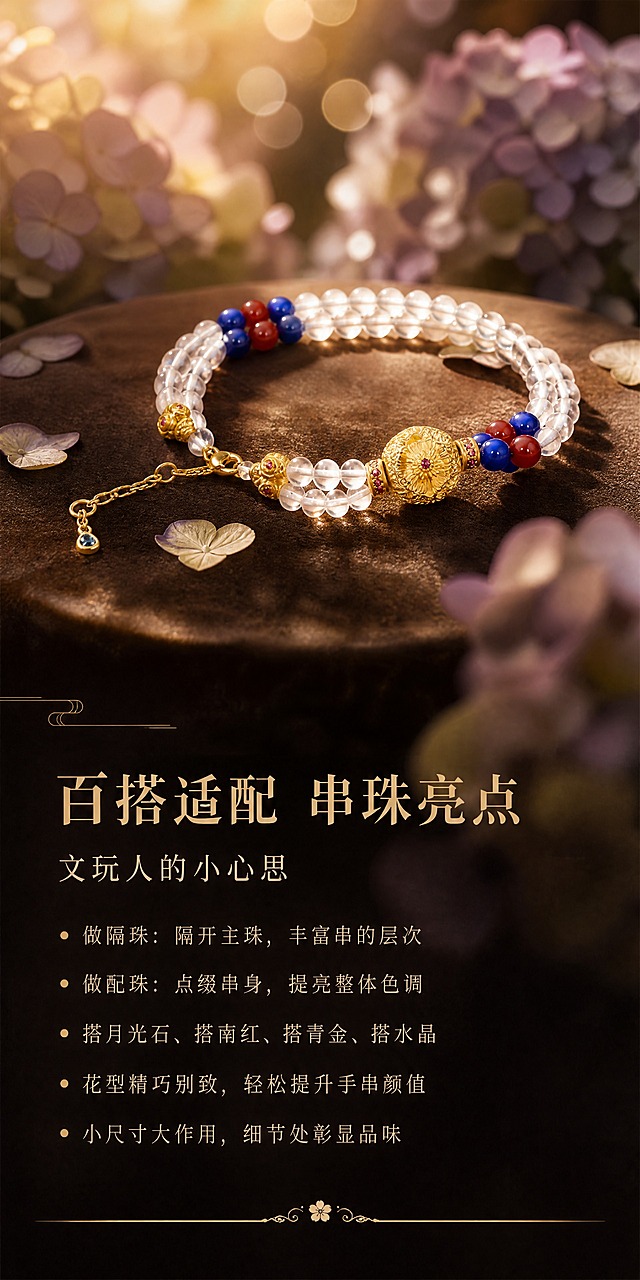 现代轻奢珠宝详情页第6屏-百搭适配页。使用图4的完整白水晶多宝手串图，将手串融入沉浸式花艺场景：手串放置在深香槟色丝绒台面上，周围散落绣球花瓣，背景是柔焦虚化的绣球花丛，有圆形光斑散景，柔和斜侧自然光，前景虚化花瓣，三层景深，氛围感极强。产品和手串放大展示，严格还原所有产品的足金原色、宝石质感、手串珠子质感，禁止变形改结构。手串位于画面上半部，占画面约50%。画面下半部排版文字，左上角有细金线装饰元素。文字层级：主标题"百搭适配 串珠亮点"使用精致高对比衬线体，浅金棕色；下方副标"文玩人的小心思"使用中号衬线体，浅金色；再下方5条卖点左对齐，用金色小圆点引导，纤细字体，浅金色："做隔珠：隔开主珠，丰富串的层次""做配珠：点缀串身，提亮整体色调""搭月光石、搭南红、搭青金、搭水晶""花型精巧别致，轻松提升手串颜值""小尺寸大作用，细节处彰显品味"。底部有细金线+小花图标装饰。文字不遮挡产品。整体高级有氛围。画布宽850px，竖版长图。