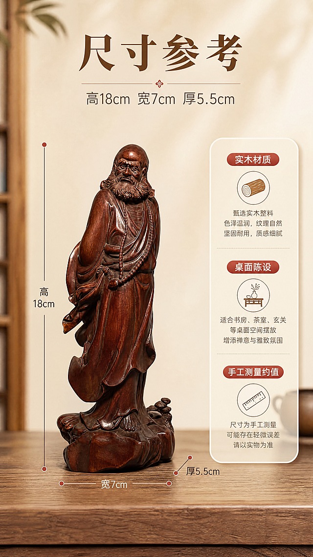 [商品] 使用【图34】正面立像与【图35】底部底面；保留深红棕实木色泽、长须浓眉、双手持经卷、宽袖长袍垂坠衣纹、背部圆形编织物件、树根山石状底座，结构与比例不变。
[画面] 信息卡片型：中央为摆件标准立像，左侧绘制横向尺寸引线标注高度与宽度，底部标注厚度，右侧为圆角信息卡列出材质与陈设建议；产品占画面约55%，浅胡桃木台面与暖米墙面为背景，尺寸线用细线引线不挤压产品，产品、尺寸线、信息卡形成3层信息层级。
[视觉] 套系策略：风格=中式禅意高级商业摄影加大字报信息排版；标题字=宋体类衬线粗体；正文字=细黑体无衬线；主色=暖米杏与深红棕；背景延展=基于暖米杏与浅胡桃木做深浅层级与细腻木质质感；强调色=朱砂红仅用于小面积标签与引线；标题色=深胡桃木棕；正文色=中暖灰；组件=圆角浅底信息卡与细线图标引线；光影=左上45度暖柔光。
[文字] 顶部横排主标题“尺寸参考”，副标题“高18cm 宽7cm 厚5.5cm”，信息卡内横排小标签“实木材质”“桌面陈设”“手工测量约值”，全部横排不遮挡产品。
[规格] 9:16竖版，分辨率4K，负向：产品变形、错字、文字竖排或旋转、水印、平台Logo、杂乱背景、冷蓝或冷灰主色、白底残留、悬浮感。