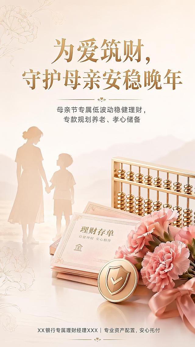 竖版银行理财母亲节宣传海报，商用合规，金融温情风
背景：低饱和米白渐变底，角落浅淡暗纹康乃馨线条，无杂乱噪点，干净柔和不抢主体
主视觉：画面居中，左侧母子温柔牵手淡剪影，右侧错落摆放浅金算盘、堆叠稳健理财存单、一小束粉色康乃馨、圆形安全盾牌图标；元素层次分明，前后虚实景深，人物剪影柔和不突兀，金融道具写实精致
配色：主色：暖香槟金+柔雾粉；辅助色：米白、浅灰；禁止高饱和艳红、荧光色，整体低明度高级柔和，符合银行稳重调性
文字：画面原生生成清晰中文，无扭曲乱字，顶部大主标题"为爱筑财，守护母亲安稳晚年"，中部副标题"母亲节专属低波动稳健理财，专款规划养老、孝心储备"，底部落款小字"XX银行专属理财经理XXX｜专业资产配置，安心托付"，字体：简约宋体+细黑体，金色标题，浅灰辅助文字，居中排版留白充足
整体氛围：专业可靠、暖心治愈，无浮夸装饰，适用于门店展架、微信朋友圈、客户私发，版式精美，9:16