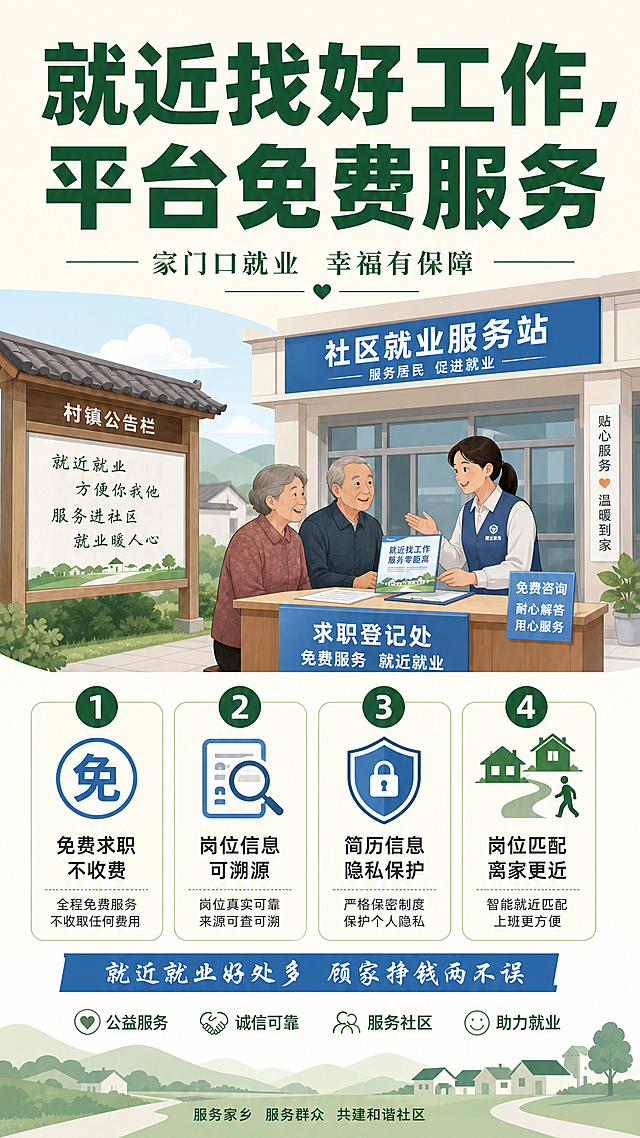 设计一张公益性线下就近就业宣传海报，主标题："就近找好工作，平台免费服务"。下方清晰展示四大服务优势：免费求职不收费、岗位信息可溯源、简历信息隐私保护、岗位匹配离家更近。整体风格简洁明了，字体大而清晰，配色朴素，适合乡村社区中老年居民阅读观看。