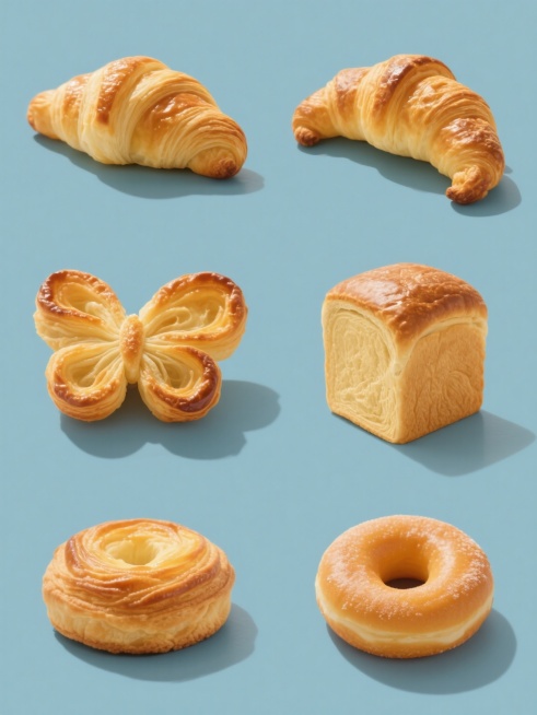 一张展示6款不同烘焙点心的集合海报，保持高清食品摄影风格，纯色背景，每款点心都拥有金黄诱人的色泽、清晰的纹理细节和柔和的高光阴影效果，6款点心规整排布形成系列感，包含可颂、丹麦酥、牛角包、蝴蝶酥、金砖预览效果