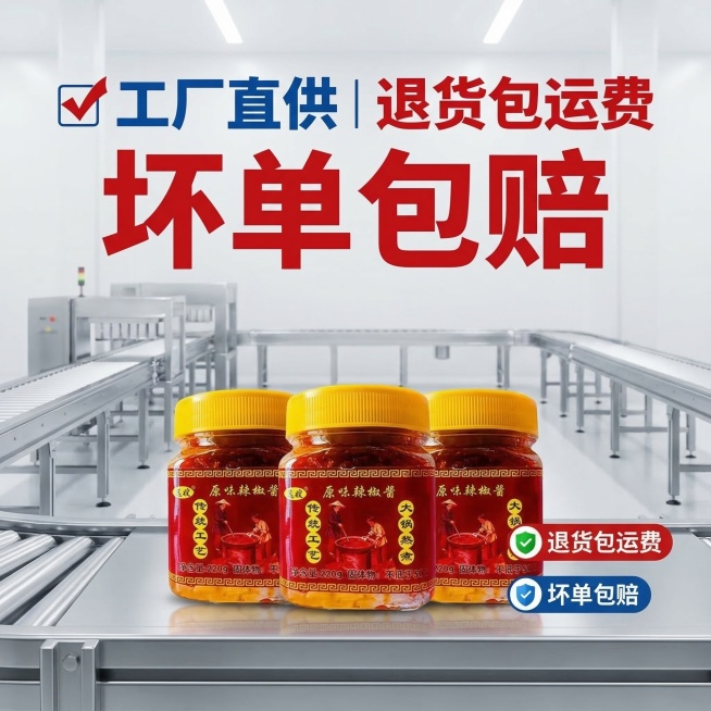 产品垫图，简约工厂流水线场景，三瓶原味辣椒酱摆放在前景，搭配"退货包运费""坏单包赔"标识，背景简洁干净。放置醒目加粗蓝红色文案"✅ 工厂直供｜退货包运费 坏单包赔"，字体醒目加粗，文案直接悬浮在背景预览效果