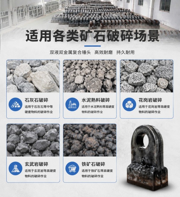 双液双金属复合锤头
简介说明
采用先进生产工艺， 将两种不同特性材料金属液复合浇铸 ， 工作部份采用高铭合金材料， 以保证锤头部分拥有超高耐磨性能。
技术优势「图片1」「图片1」「图片1」「图片1」「预览效果