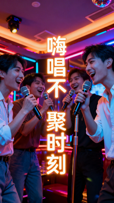 西安KTV场景，时尚绚丽的包间内，年轻人拿着麦克风欢乐歌唱，搭配“嗨唱不停”“欢聚时刻”等文字，无公司名称、联系方式、二维码预览效果