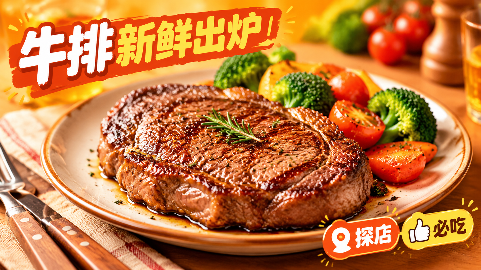 活力美食风格，暖橙色背景，画面中心是一盘色泽诱人的牛排，牛排表… - 图片创意预览