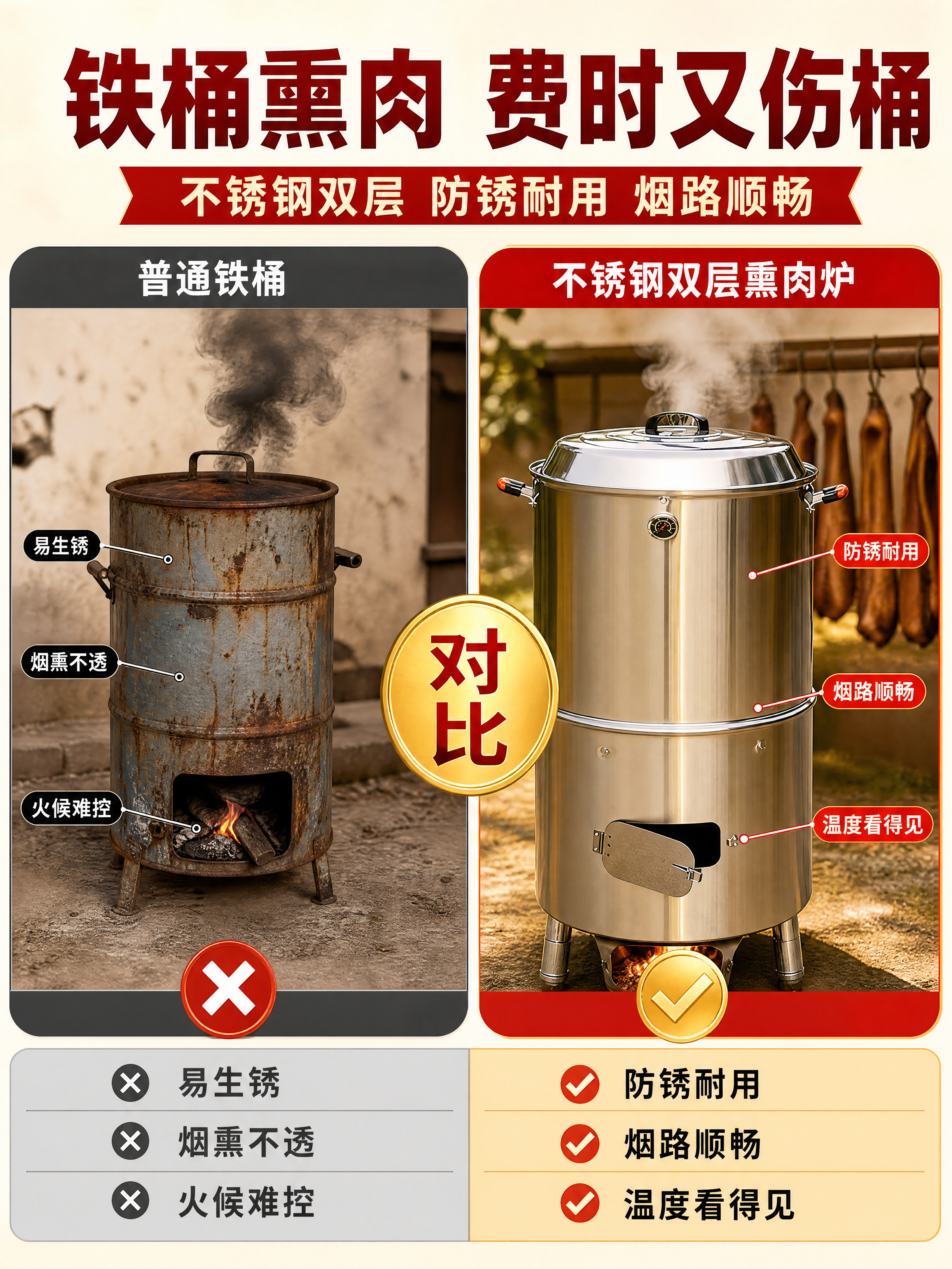 [商品] 使用图1不锈钢双层柴炭熏肉炉整机，保留双层结构、温度… - 图片创意预览