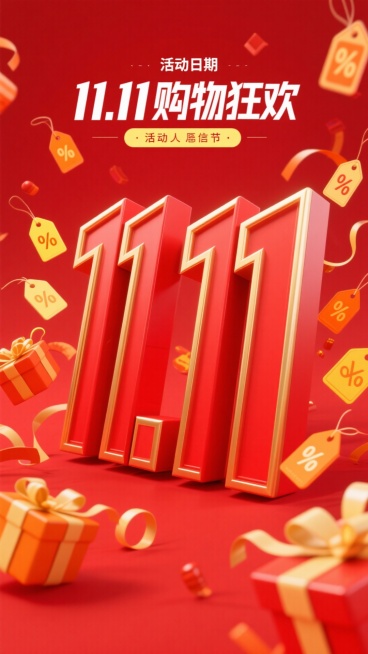 3D大字，红金风格，文字内容为“11.11购物狂欢"，周围散落着折扣标签和礼盒预览效果
