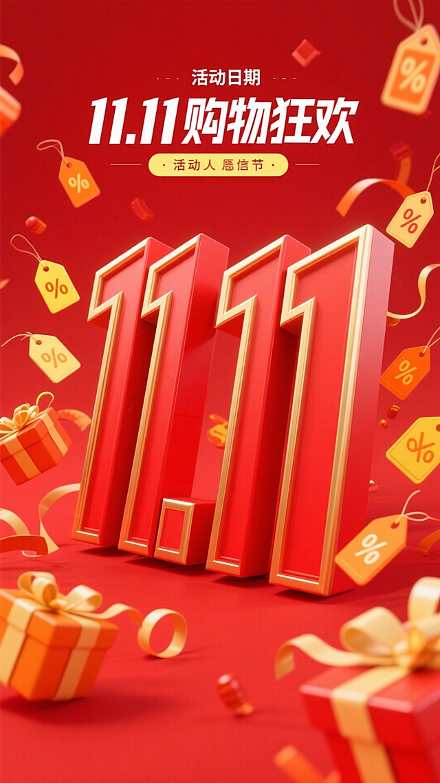 3D大字，红金风格，文字内容为“11.11购物狂欢"，周围散落着折扣标签和礼盒