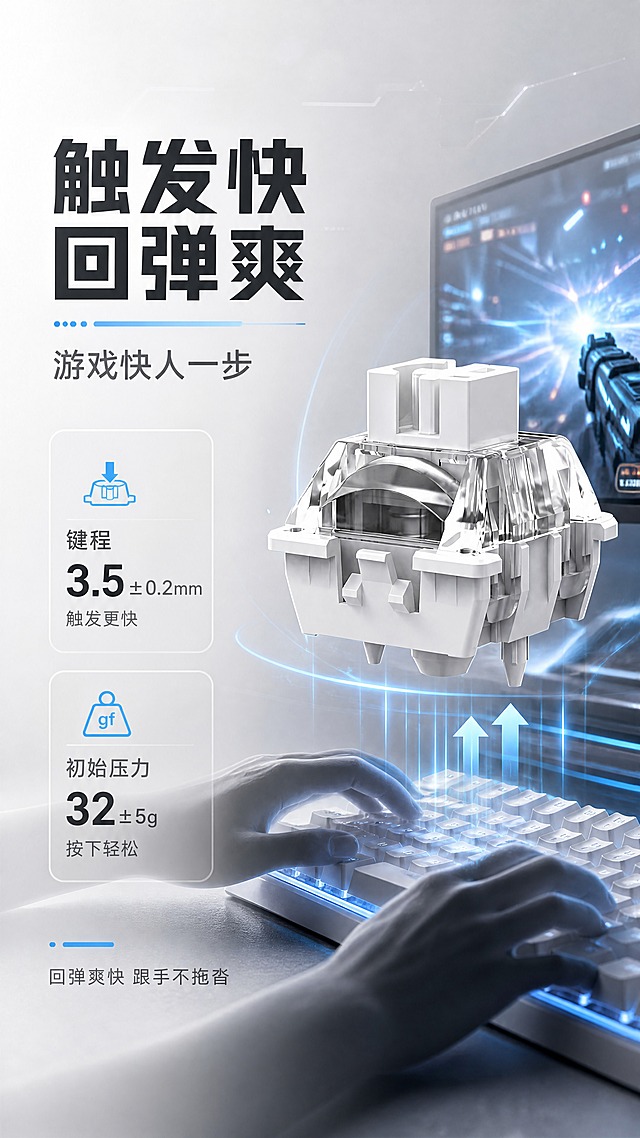 [商品] 使用【图1】雪见轴键盘轴体；保留白色轴心、透明上盖、白色下盖、整体结构与比例；增强材质质感，不改变结构。
[画面] 目标：触发快回弹爽性能实测，游戏场景化收益；左文右图版式，右侧轴体旁配键盘游戏使用场景示意（手部快速敲击键盘的局部剪影+游戏光效氛围），轴体占画面40%，用动态线条表现快速回弹；左侧放参数数据与体验说明；背景为浅灰渐变+微弱游戏氛围光效；阅读动线从左到右。
[视觉] 套系策略：风格=高级简约干净科技风；标题字=现代无衬线粗体；正文字=简洁无衬线体；主色=纯白+浅灰；背景延展=基于纯白做浅灰渐变、细腻磨砂质感与微弱科技线条光效；强调色=冰蓝色，仅用于小面积图标、引线、光效点缀；标题色=深炭灰；正文色=中灰；组件=细线圆角信息卡、极简引线、圆点装饰；光影=左前侧柔光+底部微弱环境光，产品轮廓清晰。
[文字] 左上主标题"触发快 回弹爽"，副标题"游戏快人一步"，下方参数卡片"键程 3.5±0.2mm 触发更快""初始压力 32±5g 按下轻松"，底部小字"回弹爽快 跟手不拖沓"，文字均为横排，层级清晰。
[规格] 图片比例9:16竖版，4K，避免变形、错字、文字过小、冷蓝主色背景、产品结构改变。