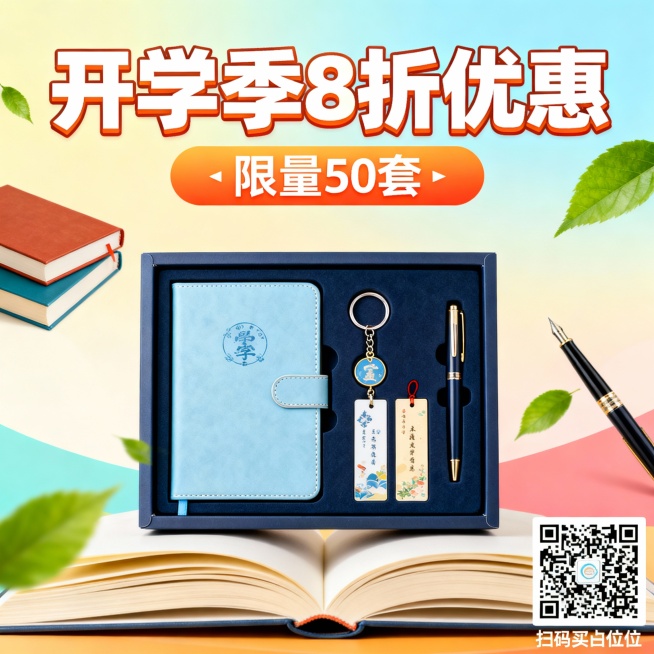 产品信息：校园定制文创礼盒（含笔记本，钥匙扣，书签），促销信息“开学季8折优惠”“限量50套·”，目标受众在校大学生。生成一张促销海报，风格青春活力，包含产品实物元素，促销文案，购买二维码占位符预览效果