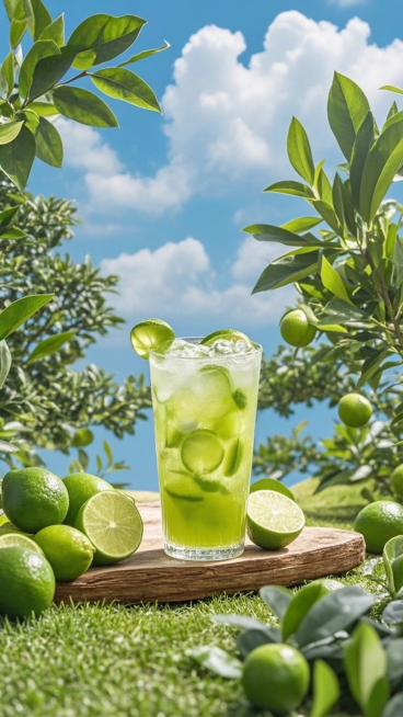 去掉图片底部左下角的灰色被子，保留青柠饮料、木板、青柠、绿植和蓝天白云，保持画面整体风格和色彩一致，补全对应的草地内容预览效果