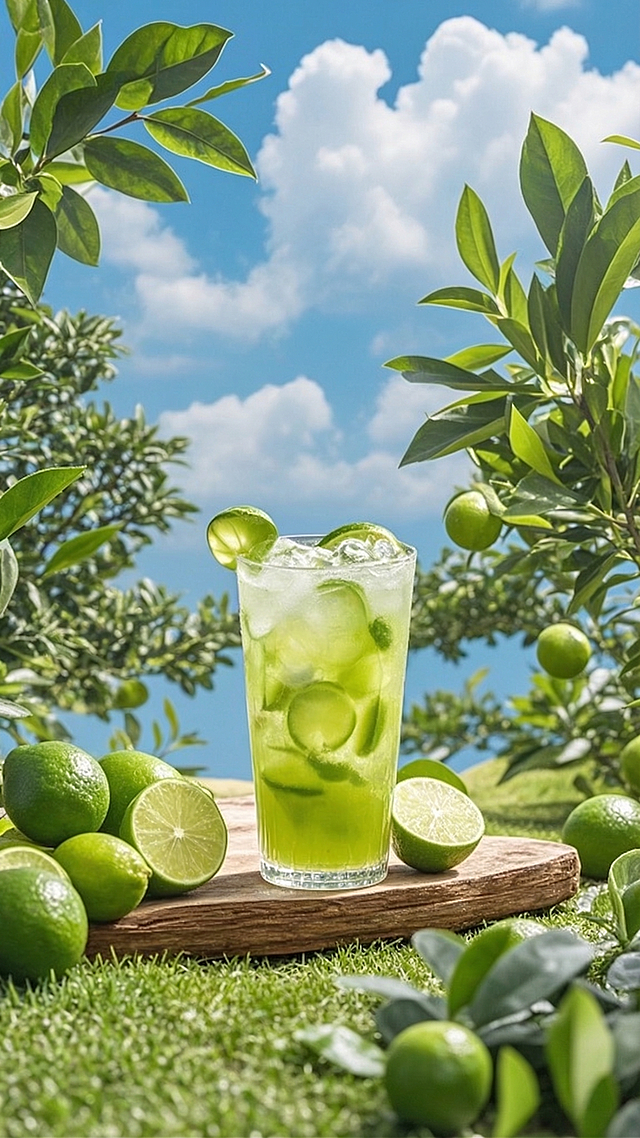 去掉图片底部左下角的灰色被子，保留青柠饮料、木板、青柠、绿植和蓝天白云，保持画面整体风格和色彩一致，补全对应的草地内容