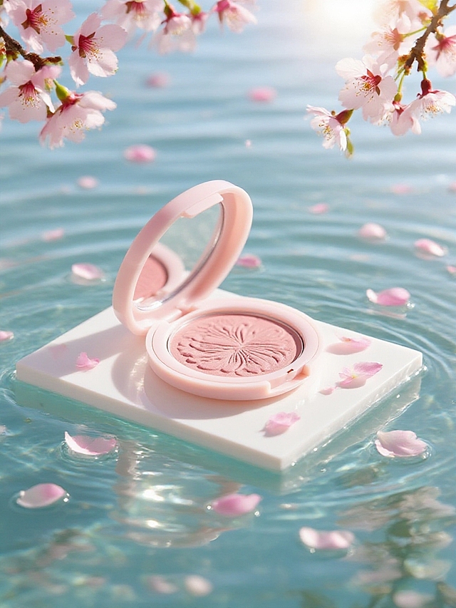 主体放置在透光湖水中的白色展台上，周围散落大量樱花花瓣，自然光线