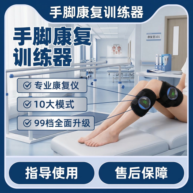 [原图修改] 保持产品外观完全不变，修改腿部肢体为弯曲康复训练动作，更换背景为医院康复科走廊场景，保留所有卖点文字内容不变，修改文字颜色为白蓝配色，更换框架模板为方形深蓝色描边风格。文案排版：主标题"预览效果