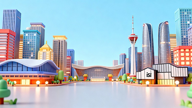 成都2.5D城市建筑群场景，画面中包含现代建筑、电视塔、双子塔、ifs、太古里等标志性元素，采用2.5D立体化的小建筑风格，呈现C4D场景，整体色彩明快，细节丰富，建筑造型卡通化且具有立体感，灯光效果柔和，背景为浅蓝色天空，建筑两侧高中间低，留出天空