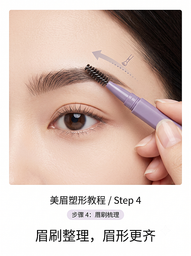 绘制修眉步骤图，步骤4：用眉刷梳理整理眉毛，底部文字“眉刷整理，眉形更齐”，干净简洁美妆教学风格，白底