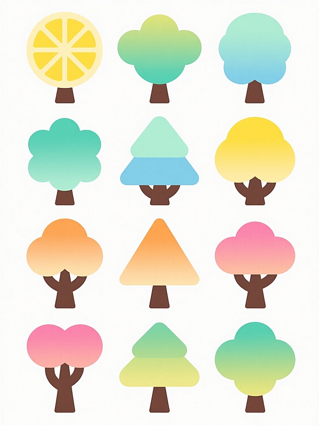 一套12个简约扁平风格的夏日主题树木图标，白色背景，树木主体采用明亮的夏日色彩：树冠有柠檬黄、薄荷绿、淡蓝色、浅橙色、粉绿色等明快渐变色调，树干为深棕色，整体造型保持圆形、三角形等几何感轮廓，线条简洁流畅，无阴影扁平化设计，排列成三行四列的整齐网格布局，充满轻松活泼的夏日氛围。