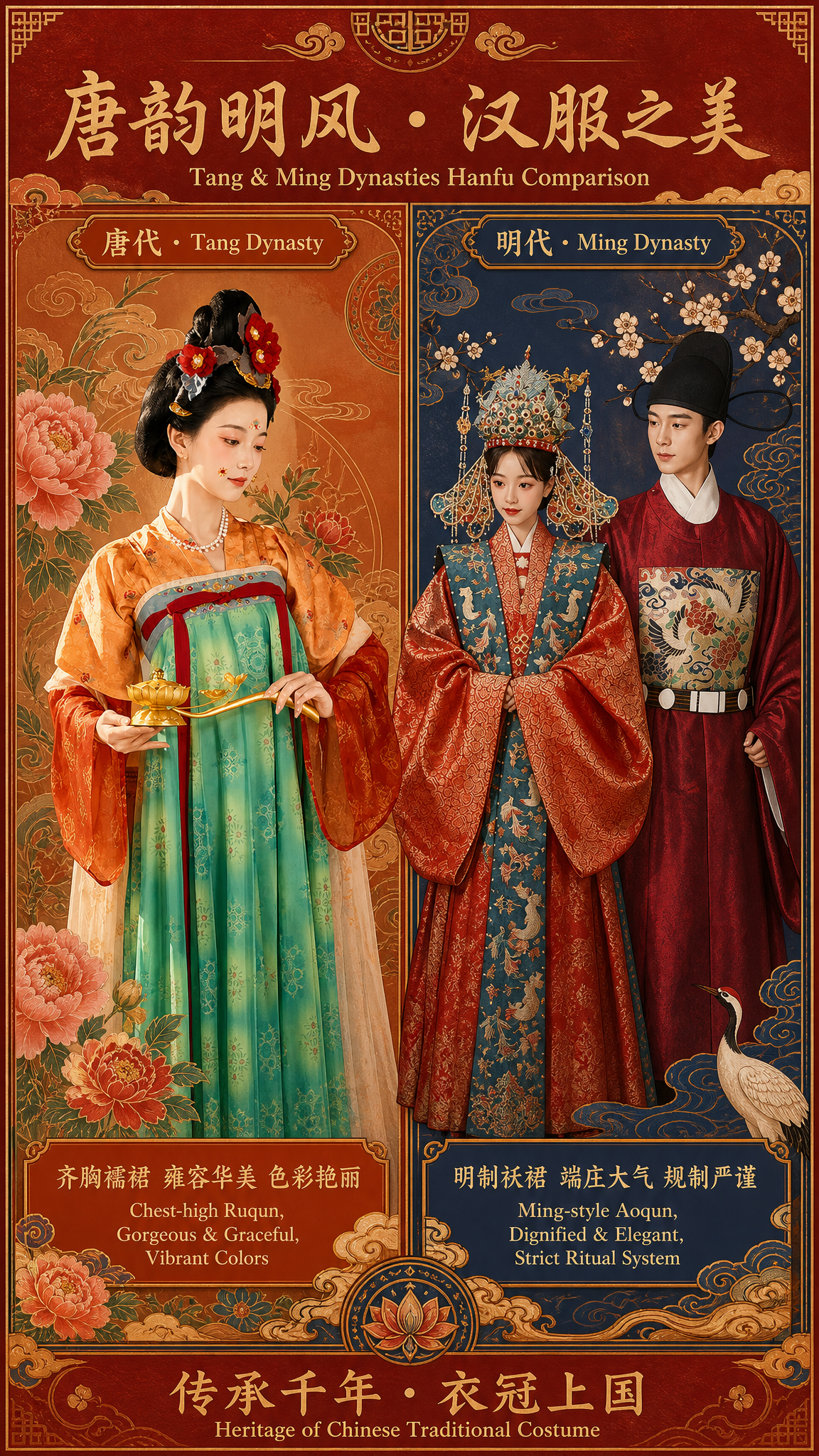 国风新中式工笔风格文化艺术海报，左右分栏对比布局，左侧为唐代汉… - 图片创意预览