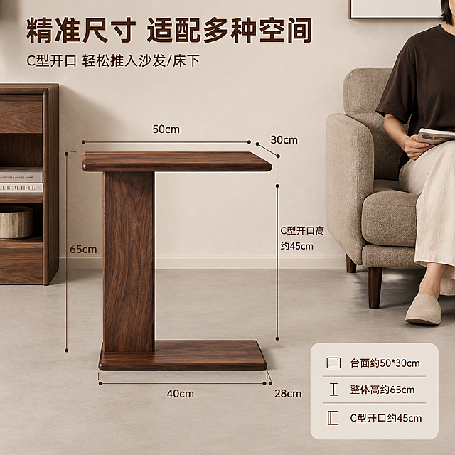 [主图-4] 黑胡桃木边几尺寸规格与空间适配图。
[氛围风格] 简洁高级 信息清晰 中古风暖调背景；
[画质] 商业摄影质感 产品清晰真实 尺寸标注精准 画面干净高级 超高清细节；
[元素] 画面主体为边几正面视角完整展示 放置在浅灰色微水泥地面上 背景是米白墙面与一角胡桃木家具 保持空间感。产品四周有精细的尺寸标注线与数字 台面长度 宽度 整体高度 底部板尺寸 C型开口高度等关键尺寸用引线清晰标注 标注线为细深棕色线条 数字清晰。画面右侧有一个成年人坐在沙发上的剪影作为比例参照 展示边几高度与沙发的适配关系。**保持边几外观（物理结构 材质质感 颜色 木纹 C型造型）与输入产品图完全一致 杜绝任何变形和色差 产品比例准确**。商品主体占比约50% 尺寸标注分布在产品周围空白区域 不遮挡主体 画面满屏无边框。
[光影] 正面柔和均匀自然光 产品立体感清晰 阴影自然落在地面 木纹质感真实 整体光线均匀便于阅读尺寸信息；
[配色] 主色调胡桃木深棕 辅色米白 浅灰 深棕标注线；
[视角构图] 正面平视 产品居中偏左 右侧留白放置比例参照与补充信息 整体左右构图 信息分布均衡；
[文字版式] 顶部左侧主标题"精准尺寸 适配多种空间" 深棕色粗体大号无衬线 下方副标题"C型开口 轻松推入沙发/床下" 中号同色系。尺寸数字为深棕色无衬线字体 清晰易读。右下角有一个圆角信息卡 内有三行短句 分别为"台面约50*30cm""整体高约65cm""C型开口约45cm" 信息卡为浅米色底深棕字 带轻微圆角 文字不遮挡产品主体；
[输出要求] 1:1比例 文字清晰可辨 尺寸标注清楚 超高清商业摄影质感；
[负向提示词] 变形 文字错乱 产品模糊 背景杂乱 水印 电商平台Logo 多余手指 手部畸形 穿模。