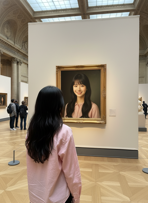 斜拍背面视角，在卢浮宫里，参考图人物在欣赏墙上挂着的一幅风格写实的油画，画中人物形象是参考图正面，画要显示完整，远处有其他参观的人，画面是明亮射灯营造的自然氛围。预览效果