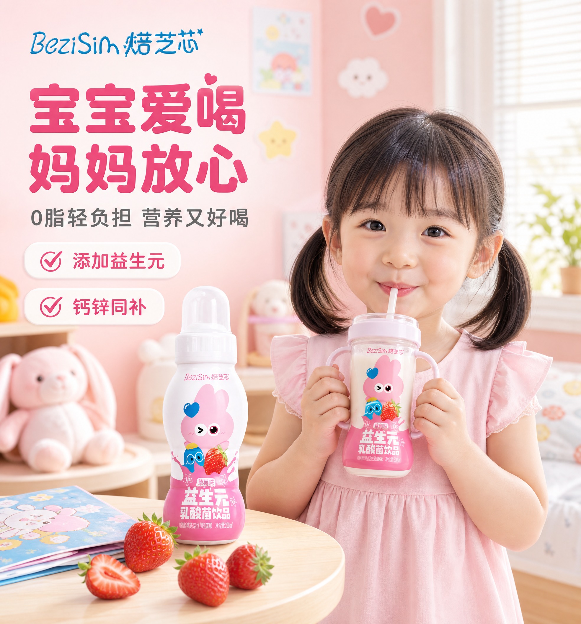 [商品] 使用【图1】焙芝芯益生元乳酸菌饮品（草莓味粉色瓶）；… - 图片创意预览