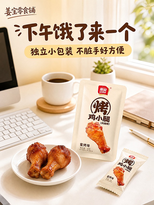 [淘宝-姜宝零食铺-3:4主图4] 办公场景，暖棕调亲切风格。姜宝零食铺差异化风格：暖棕+奶黄主色调，圆润可爱字体，温馨家常感。左上角姜宝零食铺文字标识。明亮办公桌，白色桌面有电脑键盘、咖啡杯、一小盘烤鸡小腿和一袋独立包装。窗边阳光照入。产品占约45%。自然光，明亮清新。背景浅奶黄，标题深棕圆润字。左上角"姜宝零食铺"手写体小标。上方大标题"下午饿了来一个"圆润字体，下方"独立小包装 不脏手好方便"。3:4竖版，文字清晰，产品清晰，无水印无平台Logo。负向：变形、错字、模糊、杂乱。