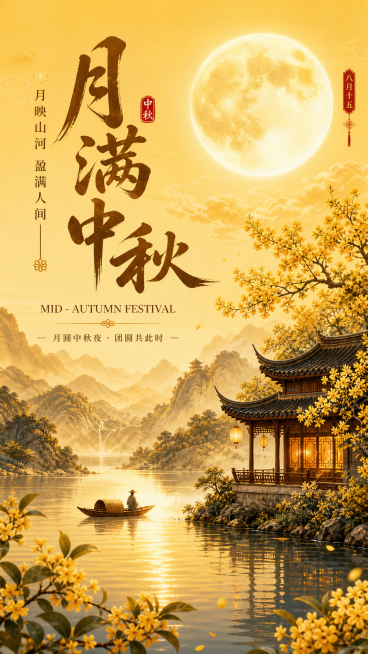 艺术字标题“月满中秋”，小字“月映山河 盈满人间“、“MID - AUTUMN FESTIVAL”、“月圆中秋夜・团圆共此时” 文字，天空中明亮的圆月，下方是山水景色，有连绵的山峦、平静的湖水，湖面上预览效果