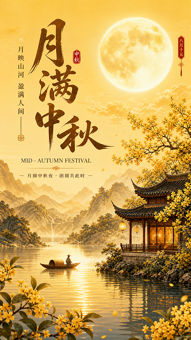 艺术字标题“月满中秋”，小字“月映山河 盈满人间“、“MID - AUTUMN FESTIVAL”、“月圆中秋夜・团圆共此时” 文字，天空中明亮的圆月，下方是山水景色，有连绵的山峦、平静的湖水，湖面上有一叶扁舟，船上有一人。湖边有中式楼阁，还有开着黄色花朵的树木，暖黄色为底色