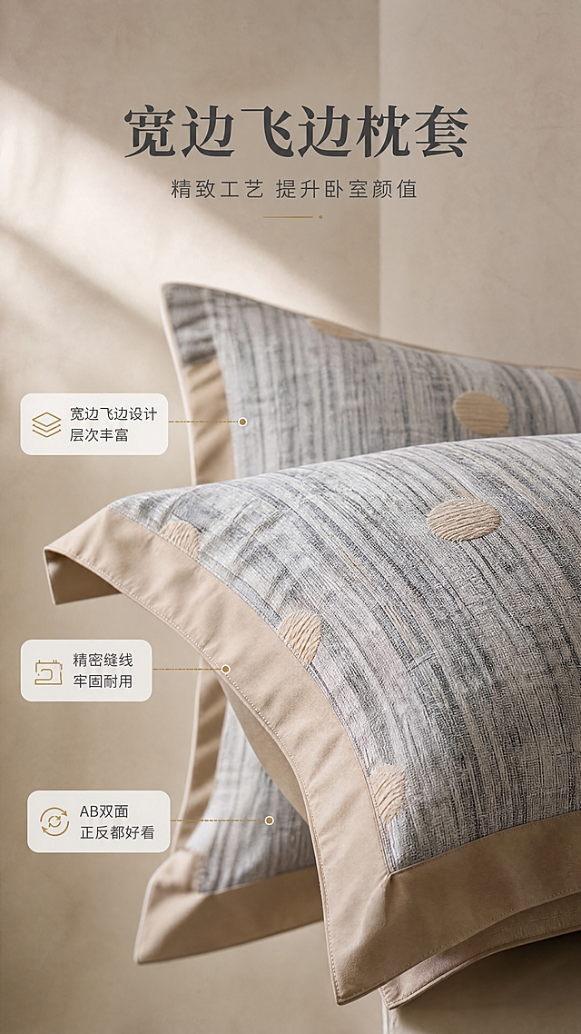 [商品] 使用【图1】全棉色织波点四件套；商品处理：保留灰调色织底+驼色波点图案、驼色宽边飞边枕套、整体颜色和面料材质；重点展示枕套宽边飞边设计，增强飞边的垂坠感、缝线工艺和层次质感，不改变图案和配色。
[画面] 目标：枕套细节，宽边飞边设计。构图：居中特写，枕套斜放展示飞边层次。主体占画面60%，两只枕套前后错落摆放，前景枕套聚焦飞边工艺，清晰展示宽边包边、飞边的自然垂坠和双层结构，后景枕套虚化衬托，背景素色暖调墙面+柔和光影。
[视觉] 套系策略：风格=侘寂风高级商业家纺摄影；标题字=现代简约衬线粗体；正文字=简洁无衬线体；主色=灰驼暖调；背景延展=基于灰驼色做深浅层级、同色渐变和细腻肌理墙面质感；强调色=暖驼色，仅用于小面积图标、引线和标签；标题色=深炭灰；正文色=中暖灰；组件=细线引线、圆角浅底信息卡；光影=左前侧柔和自然光，温暖通透。
[文字] 上方主标题"宽边飞边枕套"，副标题"精致工艺 提升卧室颜值"，下方3个细节标注用引线指向："宽边飞边设计 层次丰富""精密缝线 牢固耐用""AB双面 正反都好看"。文字在上方和两侧，不遮挡枕套主体。
[规格] 图片比例9:16竖版，4K，避免变形、错字、文字过小、冷蓝背景、图案改变、颜色失真、枕套结构错乱。