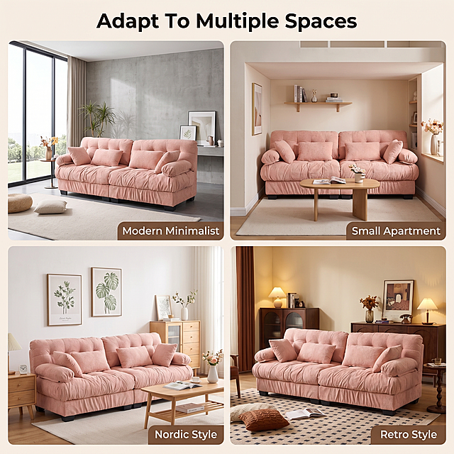 [Main Image 4] Pink cloud sofa multi-scene adaptation display. [Atmosphere Style] Warm comfortable consistent home healing style. [Quality] Commercial photography texture, soft and transparent light, clear and real product, clean and advanced picture. [Elements] 2x2 grid composition, four frames display the pink cloud sofa in different living room spaces: top left is modern minimalist living room with large window, top right is small apartment living room with low sofa, bottom left is Nordic style living room with light color furniture, bottom right is retro style living room with wooden furniture. Each frame retains the same sofa appearance, keep the sofa physical structure, material texture, color absolutely consistent with the input product picture (https://gdesign-dam-hz.dancf.com/36202967086385189/825760afbd4b4fde842bcec88bf10f61.jpg), eliminate any deformation and color difference. Each frame bottom right corner has the corresponding scene name text, uniform font and size. Above the grid there is a title "Adapt To Multiple Spaces". The overall layout is neat, and the style is unified. [Light and Shadow] Each grid uses uniform warm natural light direction, consistent light perception. [Color Matching] The overall is warm and soft tone, sofa pink as the consistent main color. [Proportional Resolution] 1:1 ratio, 2048px resolution, super HD. [Negative Prompt] Deformation, watermark, text confusion, blurred product image, cluttered background, inconsistent style between grids.