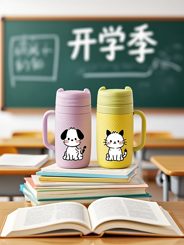 开学季插画风设计，可爱卡通动物水杯，轻拟物风格，营造温馨学习氛围。