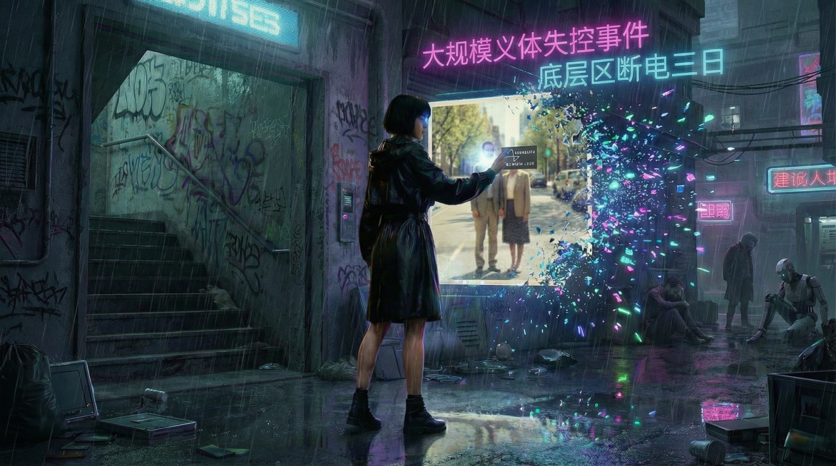 删除第一张图片中的短发主角，将第二张图片抠出的短发皮衣主角放入第一张图片的雨巷背景中，光影匹配环境，保持赛博朋克风格预览效果