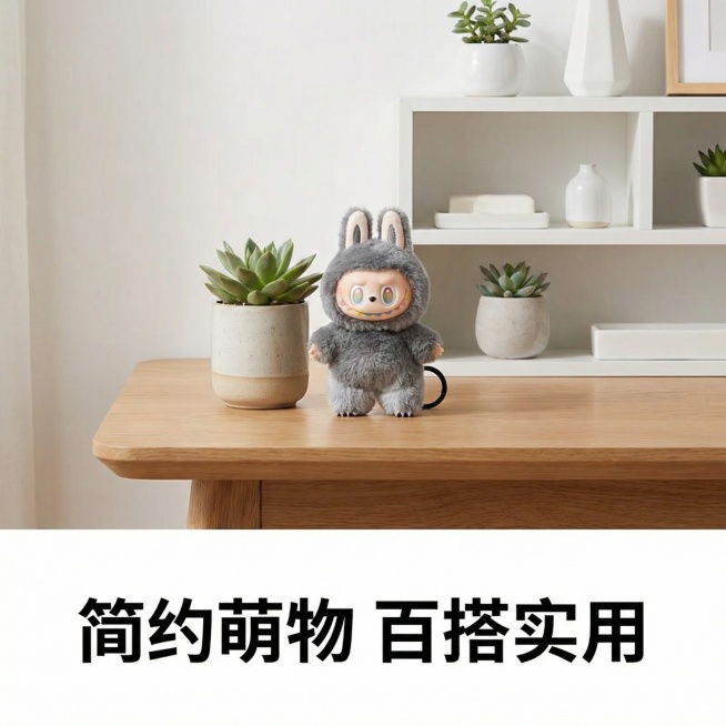 将图中灰色隐藏款毛绒挂件放置在简约北欧风桌面场景中，背景是白色置物架与绿植，风格简约干净，突出产品简约百搭风格，底部添加“简约萌物 百搭实用”文案预览效果
