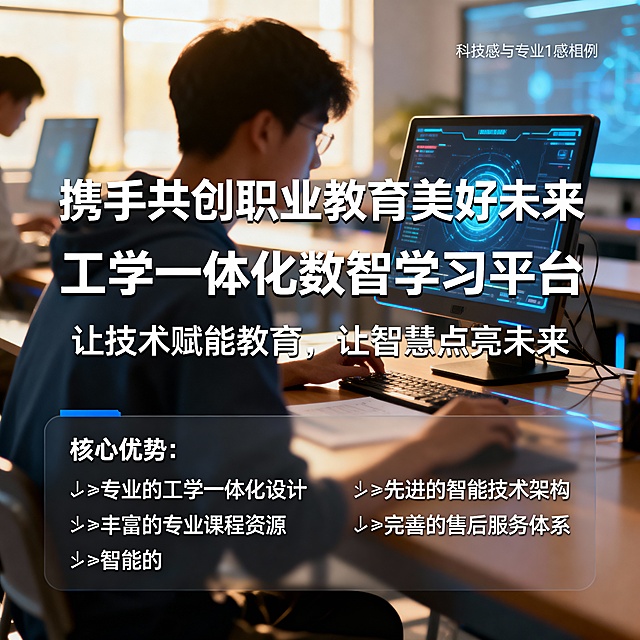 携手共创职业教育美好未来
工学一体化数智学习平台
让技术赋能教育，让智慧点亮未来
核心优势总结
✅专业的工学一体化设计
✅先进的智能技术架构
✅丰富的专业课程资源
✅智能的学习分析功能
✅完善的售后服务体系