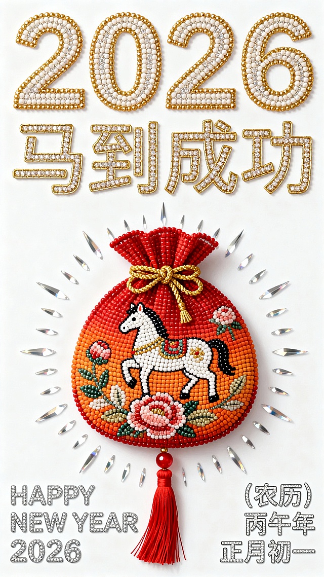 主体是一个红到橙渐变的中式福袋（表面绣有小马与牡丹纹样），袋口系金色绳结，下方垂红色流苏，周围环绕柔和光晕。上下留白，左右留白，不撑满画面。色调为纯白背景 + 红到橙渐变。画面上方极细字体 “2026”“马到成功”。左下角小字 “HAPPY NEW YEAR 2026”。右下角小字 “（农历）丙午年 正月初一”。