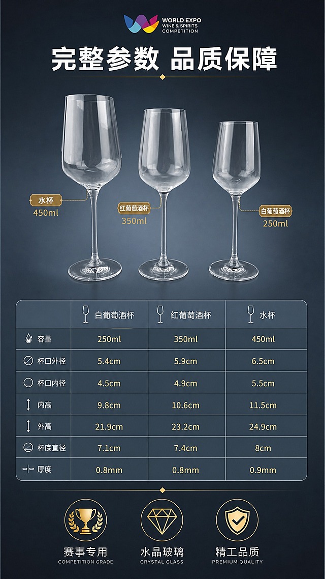 [商品] 使用【图1】三款玻璃杯套组；保留三款的真实比例、形态、透明水晶玻璃材质。画面中三款杯子整齐排列作为产品展示。
[画面] 详情页第八张，完整参数总览与品质保障页。目标汇总所有参数并强化赛事专用的品质信任。深蓝灰渐变背景。画面上半部分三款玻璃杯并排陈列（水杯、红酒杯、白酒杯），从高到低排列。下半部分为完整参数对比表格，三列分别对应三款杯子，行包括容量、杯口外径、杯口内径、内高、外高、杯底直径、厚度。表格下方为品质保障图标区。顶部放置彩色赛事logo。
[视觉] 套系策略：风格=高端专业赛事商业摄影；标题字=现代无衬线粗黑体；正文字=简洁无衬线体；主色=深蓝灰；背景延展=基于深蓝灰做深浅渐变和同色系层次；强调色=金色，仅用于小面积图标、引线、标签和数据高亮；标题色=白色；正文色=浅灰色；组件=细线表格、圆角半透明参数卡、金色数据标签、品质图标；光影=正面柔光，玻璃通透。
[文字] 顶部主标题"完整参数 品质保障"，白色大字。
参数表格（三列对比）：
| | 白葡萄酒杯 | 红葡萄酒杯 | 水杯 |
| 容量 | 250ml | 350ml | 450ml |
| 杯口外径 | 5.4cm | 5.9cm | 6.5cm |
| 外高 | 21.9cm | 23.2cm | 24.9cm |
| 杯底直径 | 7.1cm | 7.4cm | 8cm |
底部三个品质图标+文字："赛事专用" "水晶玻璃" "精工品质"。
[规格] 图片比例9:16竖版，4K，避免玻璃变形、比例失真、错字、文字过小、水印、平台logo。