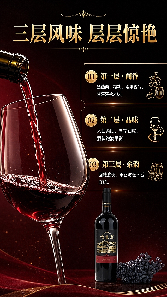 [商品] 使用【图3】倒酒特写与【图4】瓶+葡萄组合图；保留黑标酒瓶、金色Logo、深红色酒液、紫黑色葡萄串；增强酒液光泽与葡萄果粉质感，不改变商品本体文字与图案。
[画面] 目标：专业口感品鉴页，分层解析红酒风味层次。构图：左半部分酒杯酒液大特写（图3）占约50%，右半部分三层风味解析+葡萄原料小图（图4）。背景：深黑到酒红渐变。阅读动线：左看酒液视觉，右读风味层次。景别：酒液特写+信息展示区。
[视觉] 套系策略：风格=超级爆款高端红酒商业摄影，黑金红三色质感，电影级光影；标题字=粗宋体衬线大字，厚重有力；正文字=简洁无衬线体；主色=深邃酒红+高级黑；背景延展=基于黑红做渐变、暗金纹理、光束与粒子效果；强调色=璀璨金色，用于标题、图标、引线、装饰与重点高亮；标题色=渐变金色；正文色=米白+浅金；组件=金色粗线分割、黑金信息卡、金色装饰角花、数字徽章；光影=侧逆光打亮酒液，右侧信息区均匀柔光。
[文字] 顶部主标题「三层风味 层层惊艳」，金色渐变粗体大字；右侧三个品鉴层级纵向排列，每层配金色圆形徽章序号：「第一层 · 闻香」黑醋栗、樱桃、浆果香气，带淡淡橡木味；「第二层 · 品味」入口柔顺，单宁细腻，酒体饱满平衡；「第三层 · 余韵」回味悠长，果香与橡木香交织。全部文字横排，金色标题+米白说明，不遮挡酒液主体。
[规格] 图片比例9:16竖版，4K分辨率，medium质量。避免变形、错字、文字过小、酒液颜色改变、绝对化用语。