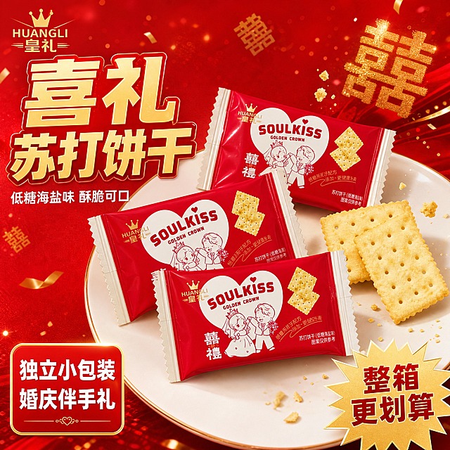 [主图-1] 拼多多喜礼苏打饼干首图，突出喜庆喜礼属性与食欲感，吸引点击。
[统一基调] 拼多多风格，大字直白，喜庆红金配色，性价比氛围强；背景主色为喜庆大红色渐变，标题字色为金黄色+白色描边，辅助字色为白色，强调色为金色；字体为粗黑体厚重醒目，字号层级分明，主标题超大号，辅助文案缩小60%以上；卡片用圆角金边样式，整体热闹喜庆。
[画面] 画面左上方放主标题，右侧和下方展示产品：3包红色喜礼包装的苏打饼干斜向错落摆放，旁边拆开2片苏打饼干实物，饼干表面有均匀气孔，色泽金黄酥脆，有轻微掉渣的动态瞬间，体现酥脆口感；产品占画面约65%，视角为45度俯视，自然摆放在白色瓷盘上，瓷盘边缘露出一部分；背景为大红色渐变，点缀金色喜字小元素和细碎光斑，营造婚庆喜礼氛围；左上角放HUANGLI皇礼品牌Logo，保持与原图一致。
[光影质感] 自然暖光侧逆光，突出饼干的酥脆纹理和包装的光泽感，产品底部有柔和接触阴影，不悬浮；整体明亮通透，食欲感强。
[配色] 主背景大红色渐变，标题金黄色带白色描边，辅助文字白色，点缀金色装饰元素，产品包装红色与背景呼应协调。
[文字版式] 左上角主标题超大粗黑体：「喜礼苏打饼干」，下方稍小白色字：「低糖海盐味 酥脆可口」；左下角红色圆角金边卡片内白色字：「独立小包装 婚庆伴手礼」；右下角金色爆炸贴样式：「整箱更划算」；文字都放在负空间，不遮挡产品主体，清晰可读。
[输出要求] 1:1正方形，2048px，文字清晰无错字，产品外观与输入图一致，包装文字清晰可辨，饼干实物真实诱人；禁止变形、模糊、杂乱、水印、平台Logo、极限词。