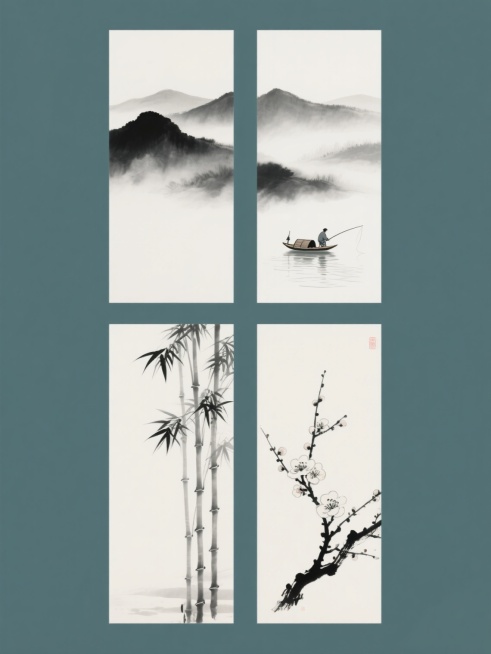 一组四幅中国水墨画风格的系列素材，每幅均为纯色背景，画面整体色彩各不相同，保持水墨画的笔触质感与意境，分别描绘：1. 层叠远山，墨色氤氲，云雾缭绕其间；2. 近岸孤舟，渔翁垂钓，水面微波荡漾；3. 疏竹数竿，挺拔向上，竹叶随风轻摇；4. 寒梅一枝，傲骨绽放，枝干苍劲有力。四幅作品规整排布，构图简洁空灵，留白恰到好处，共同营造出宁静悠远的东方禅意氛围。预览效果