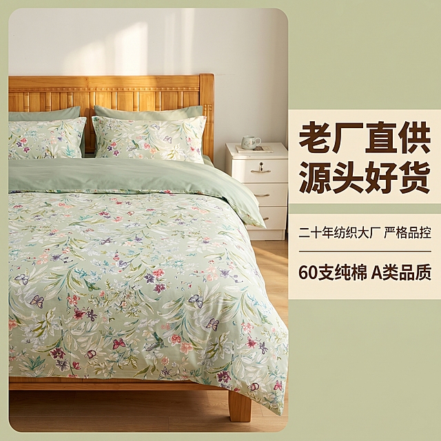 [主图-6] 源头老厂品牌背书展示。
[氛围风格] 和套图保持统一温馨居家风格，突出性价比和源头供货。
[画质] 商业摄影质感，光线柔和通透，产品清晰真实，画面干净高级。
[元素] 左侧大面积展示整套床品平铺，右侧叠加工艺认证信息区块，背景保持和套图一致的卧室温馨环境，保持产品花型材质和原图完全一致。
[光影] 和套图光照方向一致，暖调自然光，层次清晰柔和。
[配色] 统一浅绿暖棕配色，干净协调，文字对比清晰。
[视角构图] 左右分栏构图，平衡舒适，产品主体突出。
[文字版式] 左侧大标题“老厂直供 源头好货”，右侧分两行展示核心背书：“二十年纺织大厂 严格品控”和“60支纯棉 A类品质”，大标题加粗醒目，说明文字缩小，清晰易读不遮挡产品主体。
[比例分辨率] 1:1 比例，2k分辨率，文字清晰可辨，超高清。
[负向提示词] 变形，水印，文字错乱，产品模糊，背景杂乱，遮挡主体
