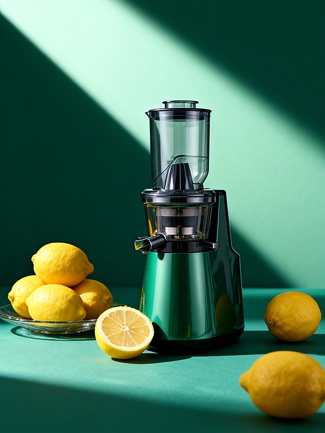 现代感与科技感交融的榨汁机设计，金属风与玻璃风结合，光影交错中展现清新清爽的视觉体验，重拟物风格强化质感，实景感十足。