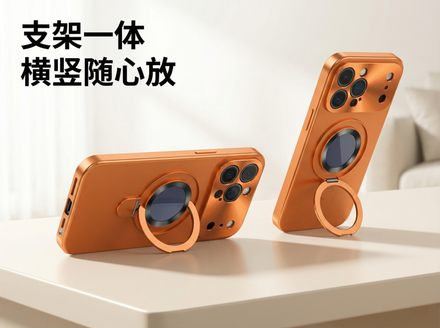 [主图 4] 多功能场景展示图
[主图主题] 展示手机壳支架使用场景
[氛围风格] 生活化简约场景，干净明亮，高清质感
[画面元素] 展示手机依靠支架立起的使用状态，放置在浅色桌面，桌面干净整洁，背景预览效果
