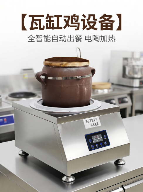 [主图 1] 瓦缸鸡设备商用首图，展示产品整体外观。[氛围风格] 专业商用工业风，干净通透。[画质] 商业摄影质感，光线硬朗高对比，产品清晰真实，画面干净高级。[元素] 瓦缸鸡设备产品居中放置在商用厨预览效果